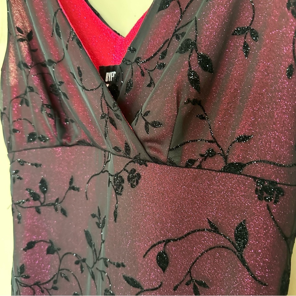 VTG 90s Y2K Size M Whimsigoth Dress Sparkle Pink Black Floral Chiffon Overlay - Picture 6 of 14